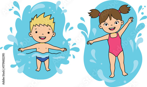 Cartoon kids swimming in water, playful summer activity, happy children floating, fun pool time illustration, cheerful aquatic vector design