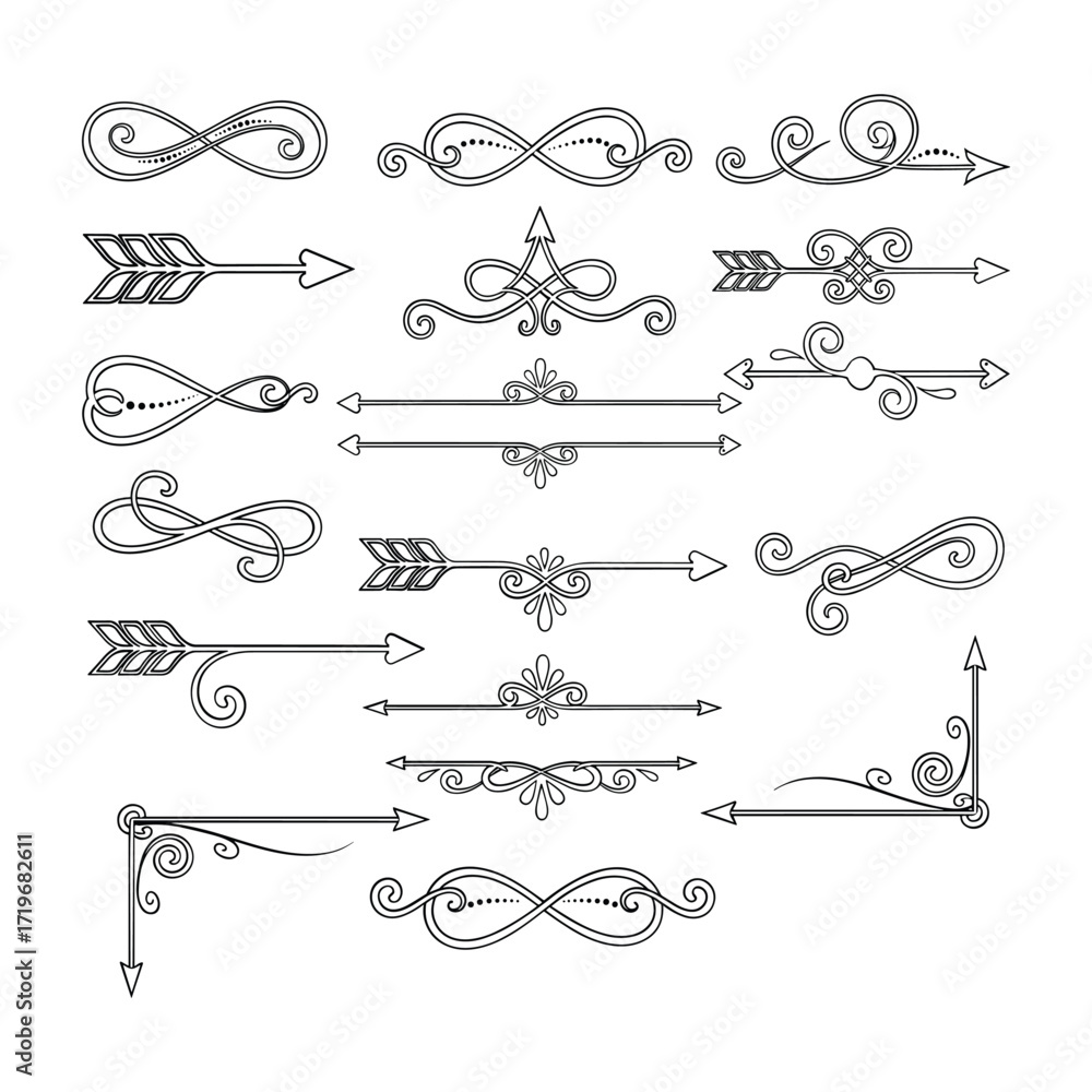 Fototapeta premium Collection of black line art decorative elements arrows and infinity symbols flourish swirl