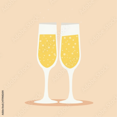 Flat vector of two champagne flutes with bubbling liquid on solid color  