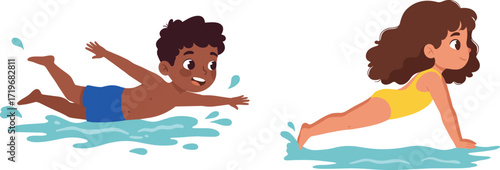 Children Playing in Water Splashing Joyfully on Summer Day at Beach or Poolside – Fun Outdoor Activity for Kids Illustration