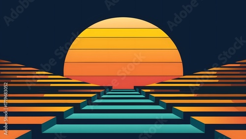 Retro-Futuristic Stylized Sunset with Teal Path, Layered Orange and Yellow Glow, and Dark Horizon