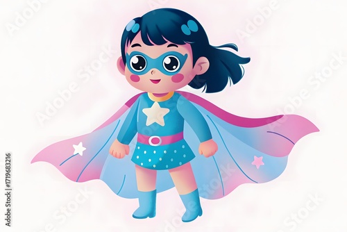 Confident Young Girl Superhero Illustration in Blue Costume with Star Emblem and Flowing Pink-Blue Cape