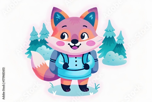Cute Cartoon Fox with Backpack in Whimsical Forest Illustration for Children’s Book or Animation