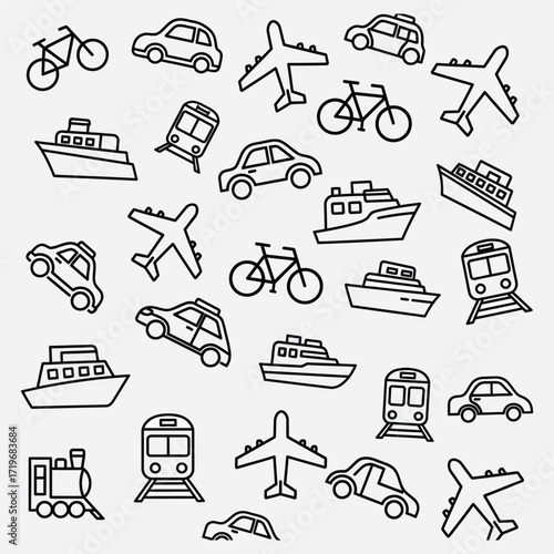 Transportation Icons Doodle Style Vector Seamless Pattern