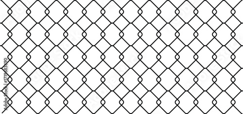 Seamless metal chain link fence. Metal lattice with rhombus, diamond shape silhouette. Steel texture design for fences, cages, and grates. Flat vector illustration on transparent background
