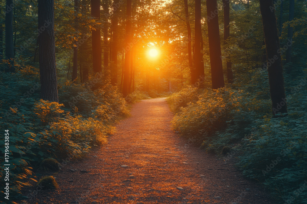 Fototapeta premium Sun shining on forest path.