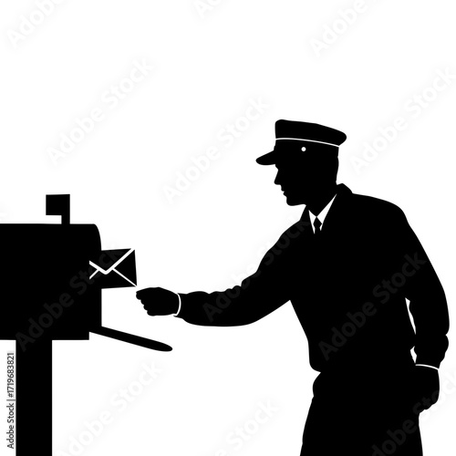 Postman delivering mail into mailbox silhouette isolated on white background