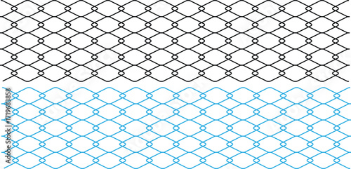 Seamless metal chain link fence. Metal lattice with rhombus, diamond shape silhouette. Steel texture design for fences, cages, and grates. Flat vector illustration on transparent background
