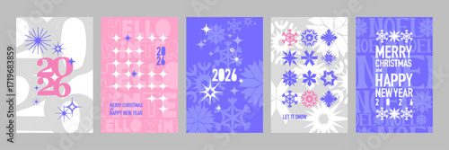 Merry Christmas postcard set, futuristic 2026 New Year poster design snowflake abstract brutal print. Winter holiday celebration typographic design, geometric minimalist y2k banner. Christmas postcard