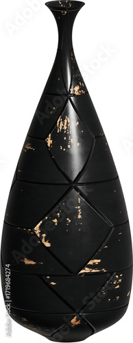 Tall Black Decorative Vase with Textured Gold Accents and Geometric Panels graphic design isolated on a transparent background