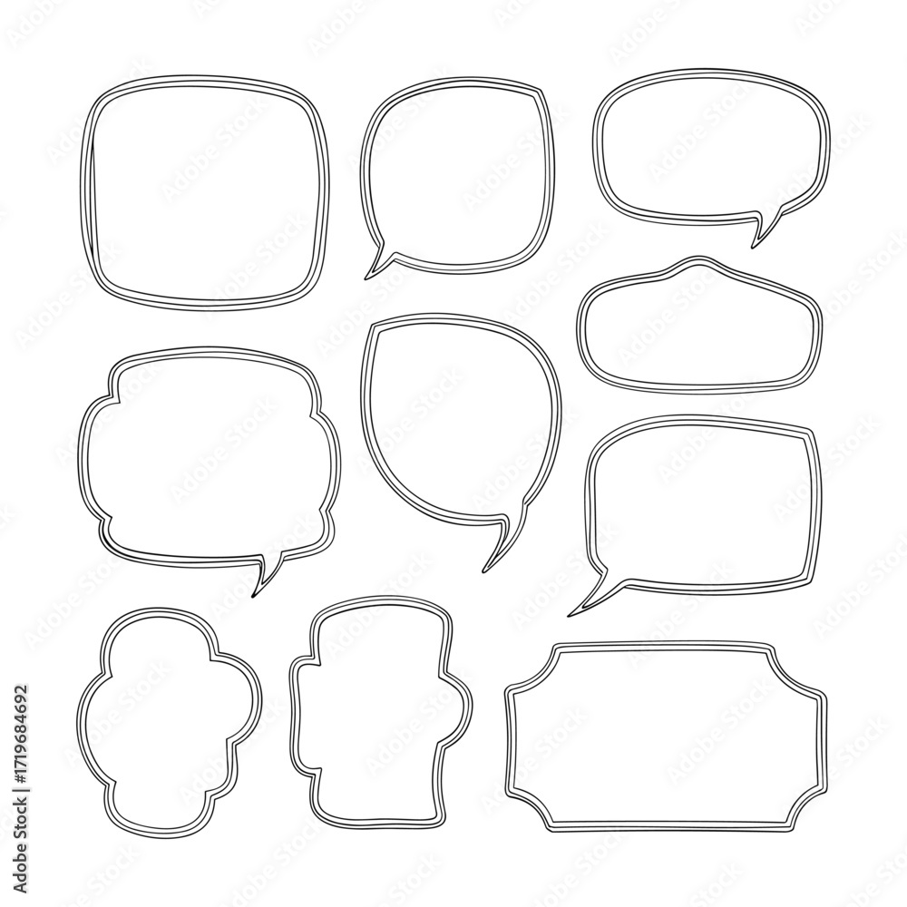 Fototapeta premium Collection of diverse black outline speech bubble shapes on white background thought bubble dialogue box