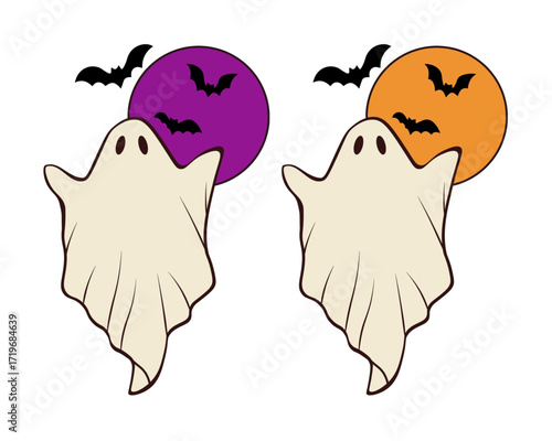 Cute Halloween Ghosts Floating with Purple and Orange Moons, Bats, Spooky Celebration Fun