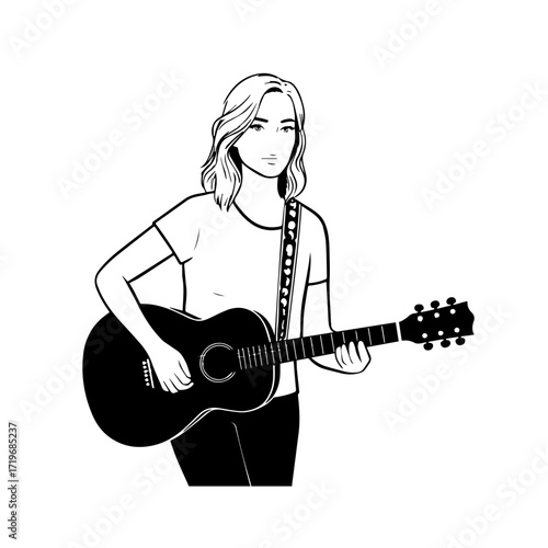 Black and white line art of a cool woman playing guitar in casual outfit minimalist stylish illustration