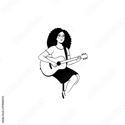 Black and white line art of a cool woman playing guitar in casual outfit minimalist stylish illustration