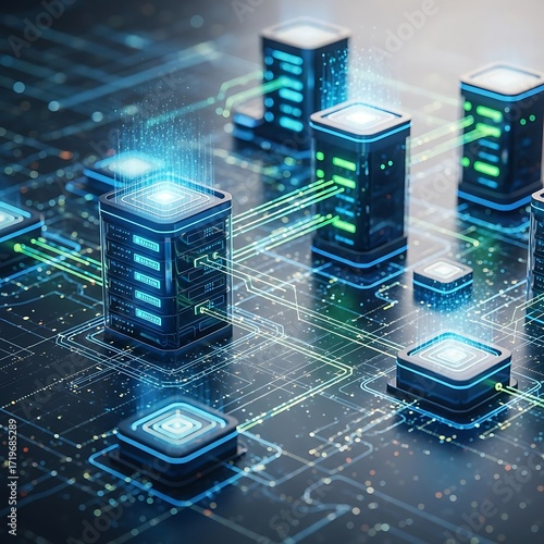 Interconnected server infrastructure visualizing complex data flow in a digital network environment