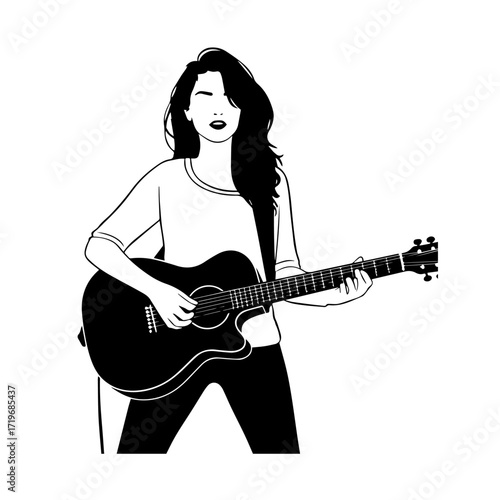 Black and white line art of a cool woman playing guitar in casual outfit minimalist stylish illustration