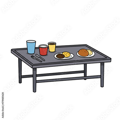 School cafeteria lunch table with trays food and drinks cartoon illustration
