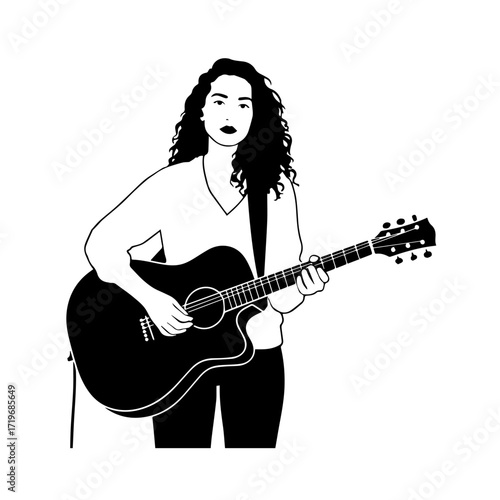 Black and white line art of a cool woman playing guitar in casual outfit minimalist stylish illustration