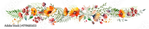 A beautiful hand-drawn color vector illustration. A long floral banner, garland, yellow flowers, green branches, and leaves. Border for spring and summer. hand drawn. Not AI, Vector illustration