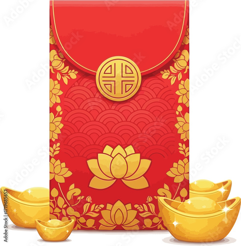 Vector art of red envelope with gold ingots for chinese new year