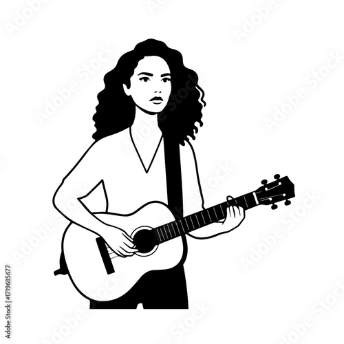 Black and white line art of a cool woman playing guitar in casual outfit minimalist stylish illustration