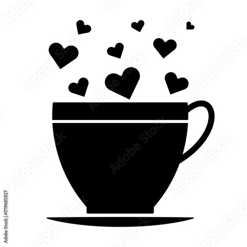 Coffee Cup with Floating Hearts. Vector Illustration. Perfect for use in cafe logos, Valentines Day designs, restaurant branding, greeting cards or decorative prints.