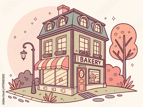 Small bakery, Surrounded by plants, street lamps, and small details