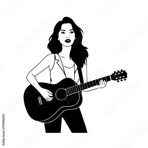 Black and white line art of a cool woman playing guitar in casual outfit minimalist stylish illustration