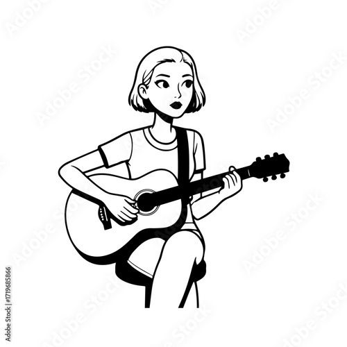 Black and white line art of a cool woman playing guitar in casual outfit minimalist stylish illustration