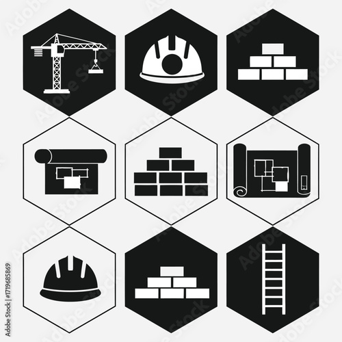 Set of black and white icons representing construction, engineering, and architectural planning