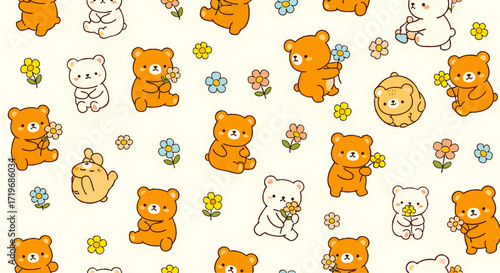 Illustration of cartoon bears and flowers in a seamless pattern design, file reference 1598.eps