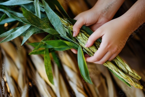 Traditional lulav and etrog held by hand close-up