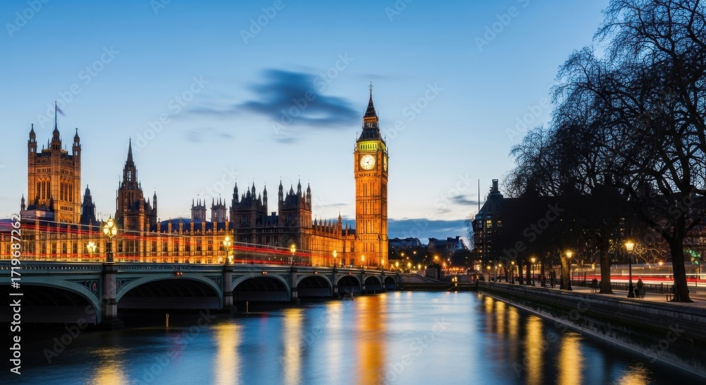 Fototapeta premium London Big Ben Tower and Palace at Night Illuminated with Reflections in River
