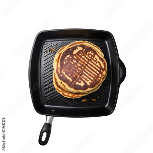Stack of pancakes on a black grill pan isolated on transparent background