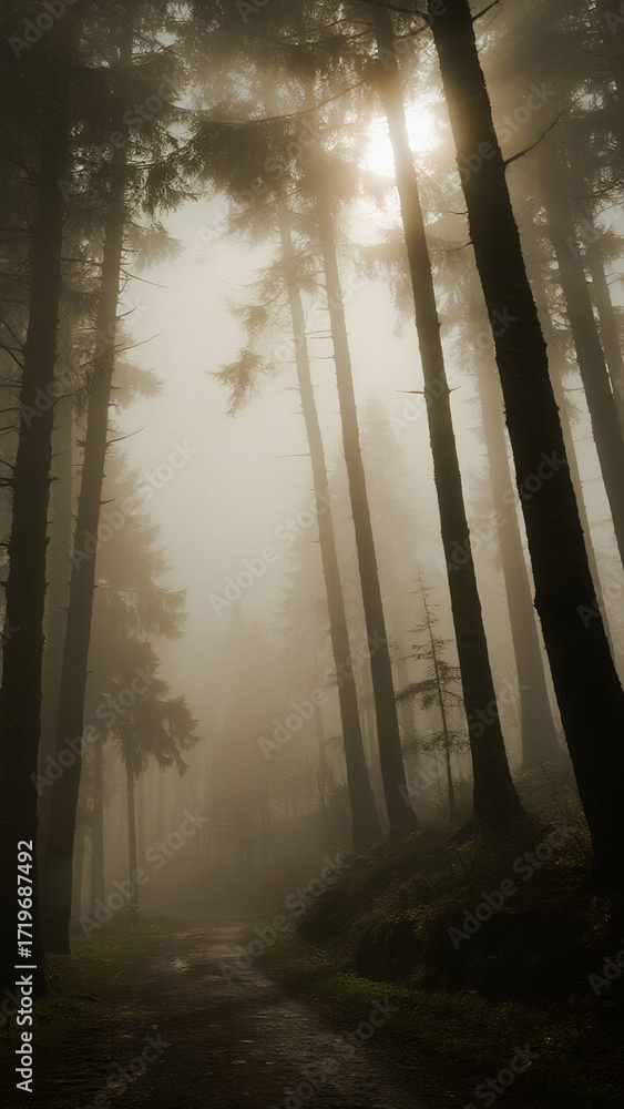 Fototapeta premium A foggy forest path with scattered moonlight shining through tall trees