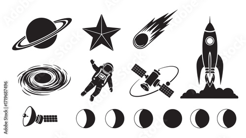 Space icons set astronomy rocket satellite moon phases star galaxy Minimalist black and white design Vector il