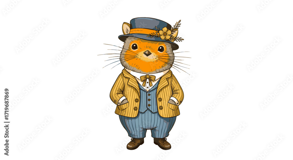 Obraz premium An anthropomorphic cat wearing a stylish outfit and hat standing confidently in a vector illustration