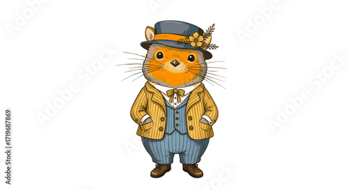 An anthropomorphic cat wearing a stylish outfit and hat standing confidently in a vector illustration