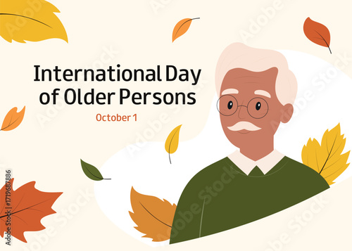 Vector illustration of elderly man with autumn leaves. International Day of Older Persons. October 1. Horizontal design for banner, greeting card, invitation.