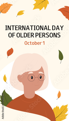 International Day of Older Persons. October 1. Elderly woman in a orange jumper and autumn leaves background. Vertical design for banner, greeting card, invitation.