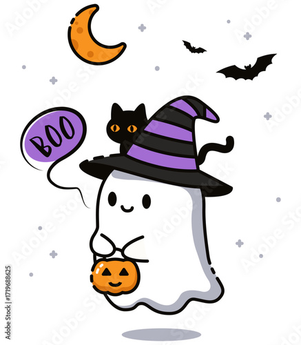 Cute ghost with a black cat, pumpkin jack o lantern and witch hat