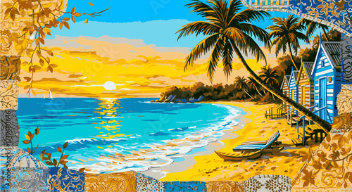 Tropical Beach Scene with Palm Trees, Boat, and Lighthouse at Sunset