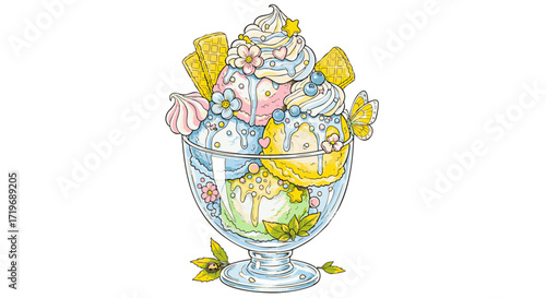 Colorful illustration of sweet treats in a glass bowl, showcasing desserts, pastries, and candies from a front viewpoint.