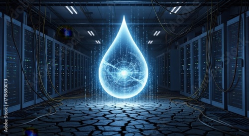 Futuristic Data Center with Digital Water Drop Hologram in Server Room