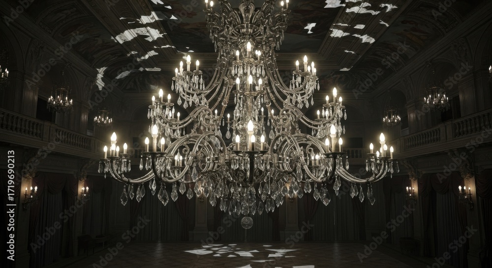 Fototapeta premium Elegant Crystal Chandelier Hanging in Luxurious Ballroom with Ornate Ceiling and Warm Lighting