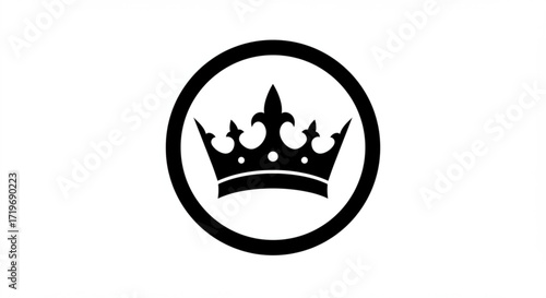 Illustration of a black crown with fleur de lis points inside of a black circle on a white background