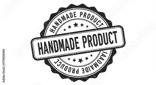 Illustration of a black and white handmade product stamp with stars and a jagged circular border design