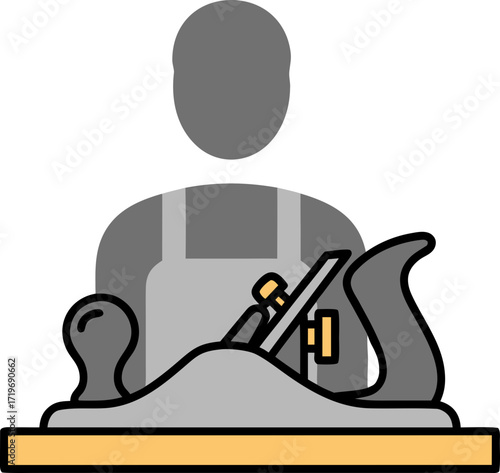 A carpenter's plane on a workbench and a silhouette of a craftsman in the background. The concept of a dying profession, the neglect of manual labor, and the disappearance of traditional crafts.