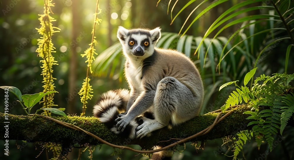 Obraz premium Ring-tailed Lemur in Lush Rainforest.