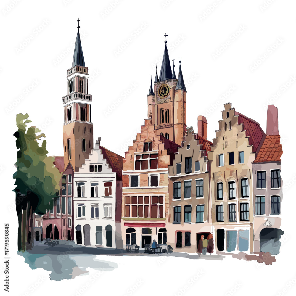 Obraz premium Bruges Old Town. Bruges Old Town watercolor vector illustration